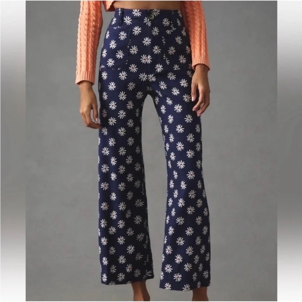Maeve Anthropologie The Colette Daisy Floral Wide Leg Cropped Pants Navy Blue 30